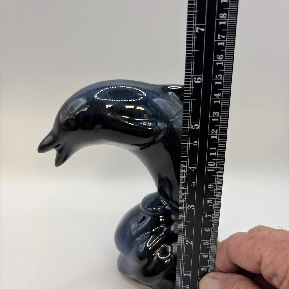 Vintage Blue Black Glazed Ceramic Dolphin Figurine  7